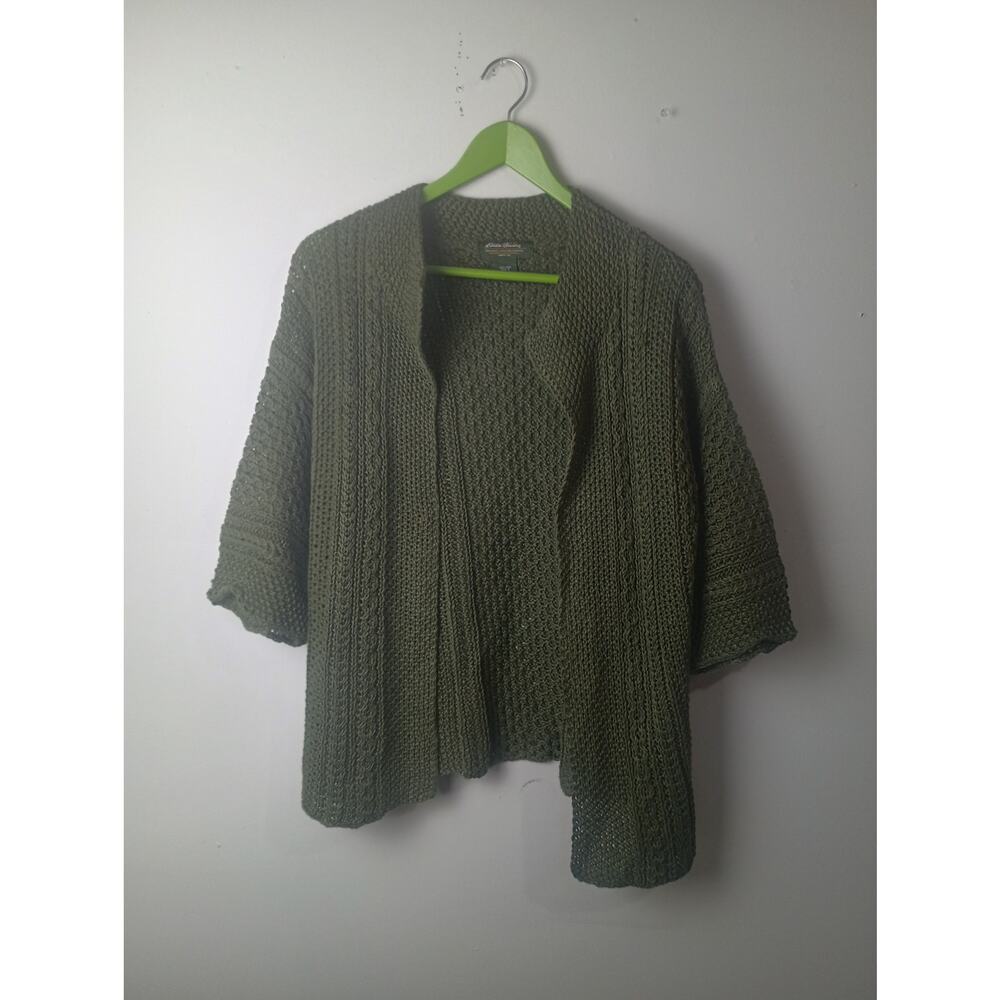 Eddie Bauer Earth Green Crochet Linen Open Front Cardigan Sweater Small boho
